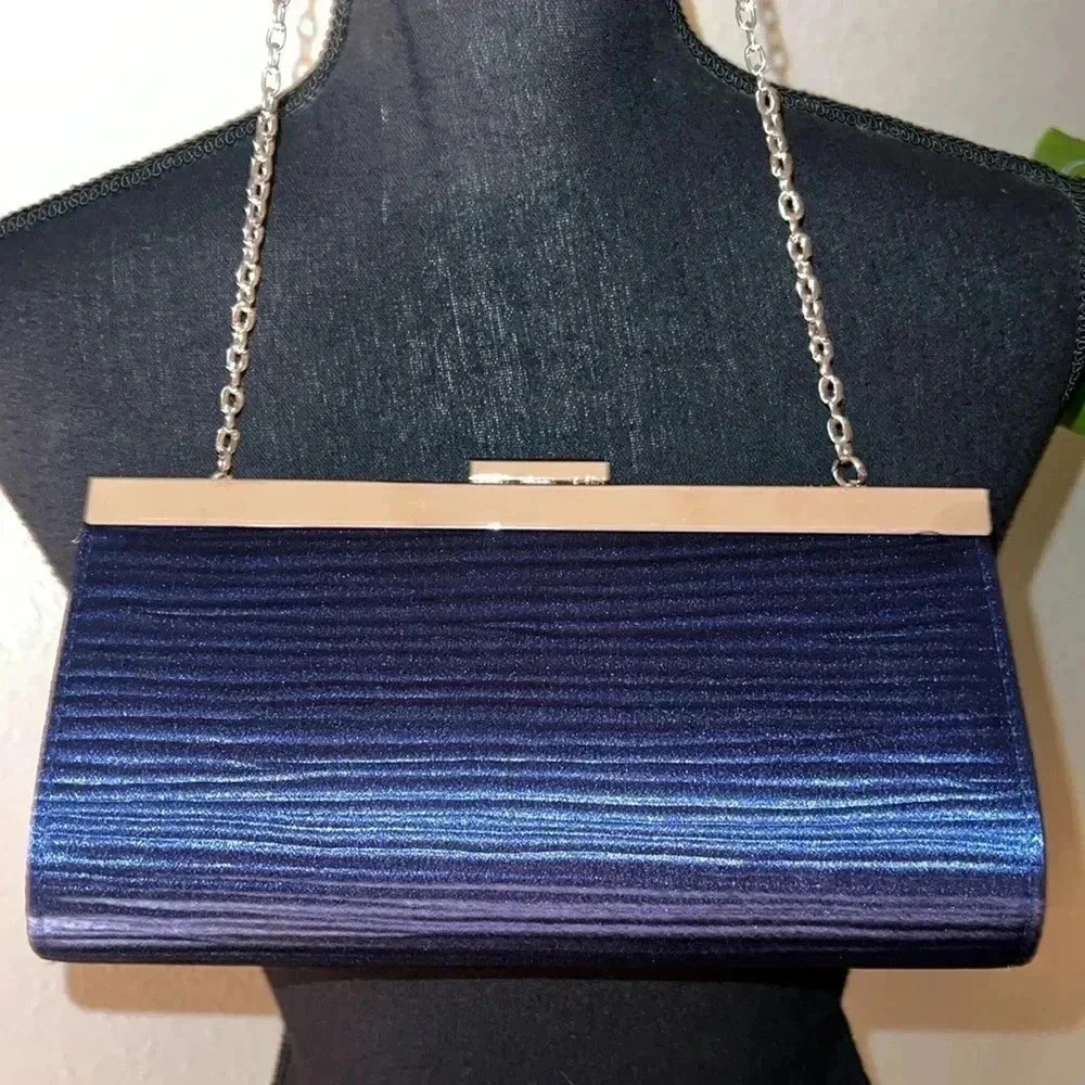 Midnight Blue Women’s Wave Pleated Silver Tone Evening Clutch Bag Purse - Picture 4 of 15